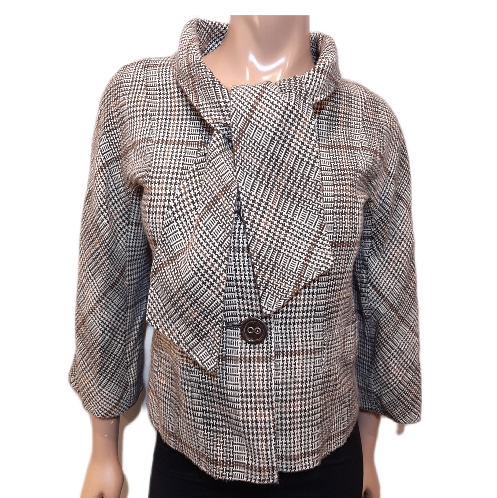 💠CHAPTER ONE Tie Neck Plaid Blazer Jacket Cropped Sleeve